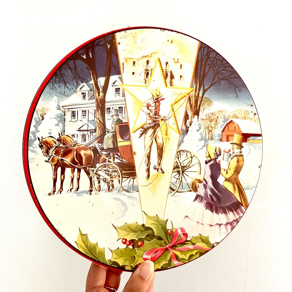 Vintage western cowboy Christmas round tin container box storage